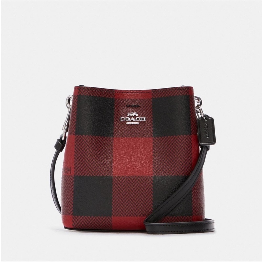 COACH MINI TOWN BUCKET BAG WITH BUFFALO PLAID PRINT BLACK 1941 RED BAG C7267 NWT